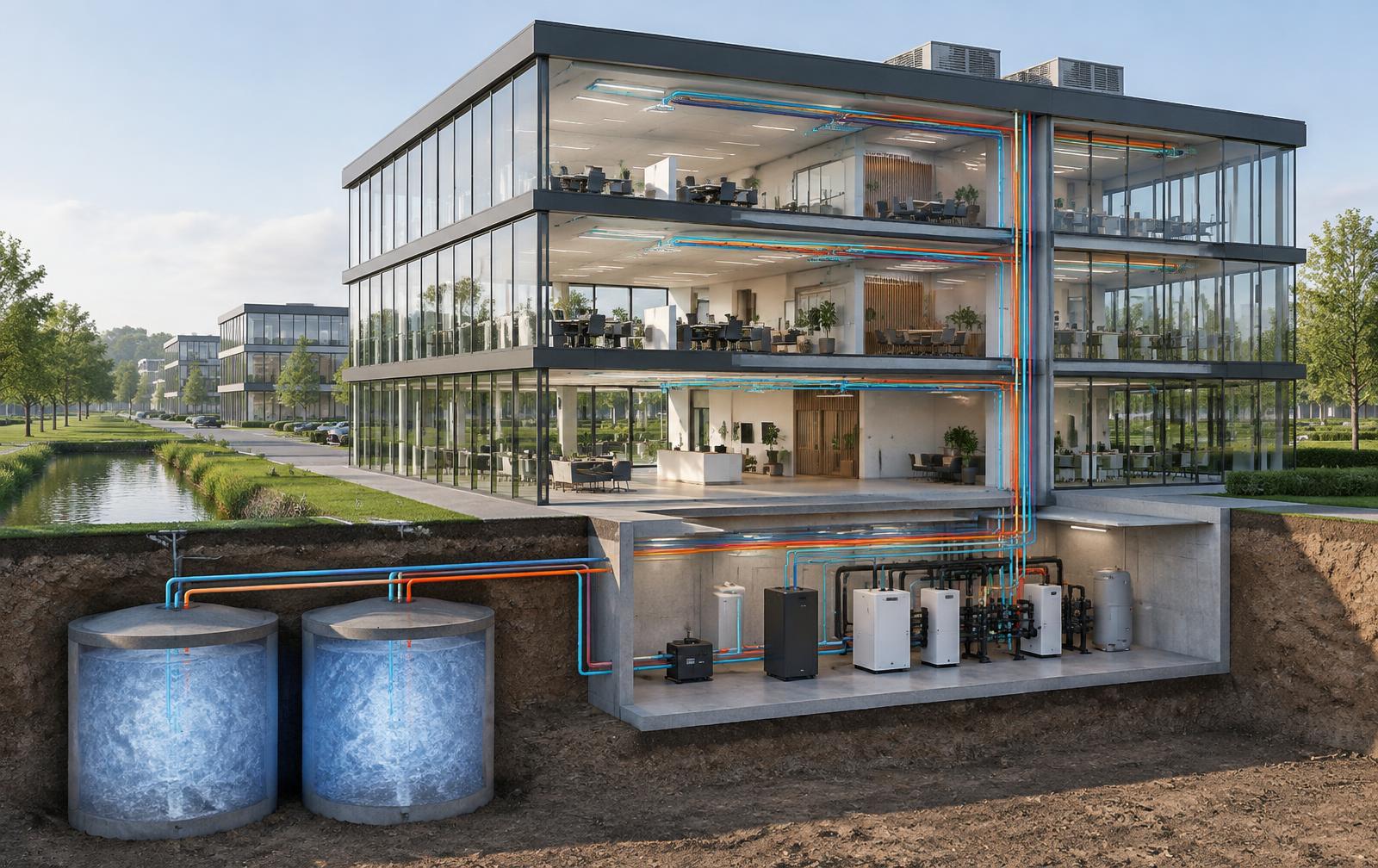Doorsnede van een bedrijfsgebouw met ondergrondse ijsbuffers