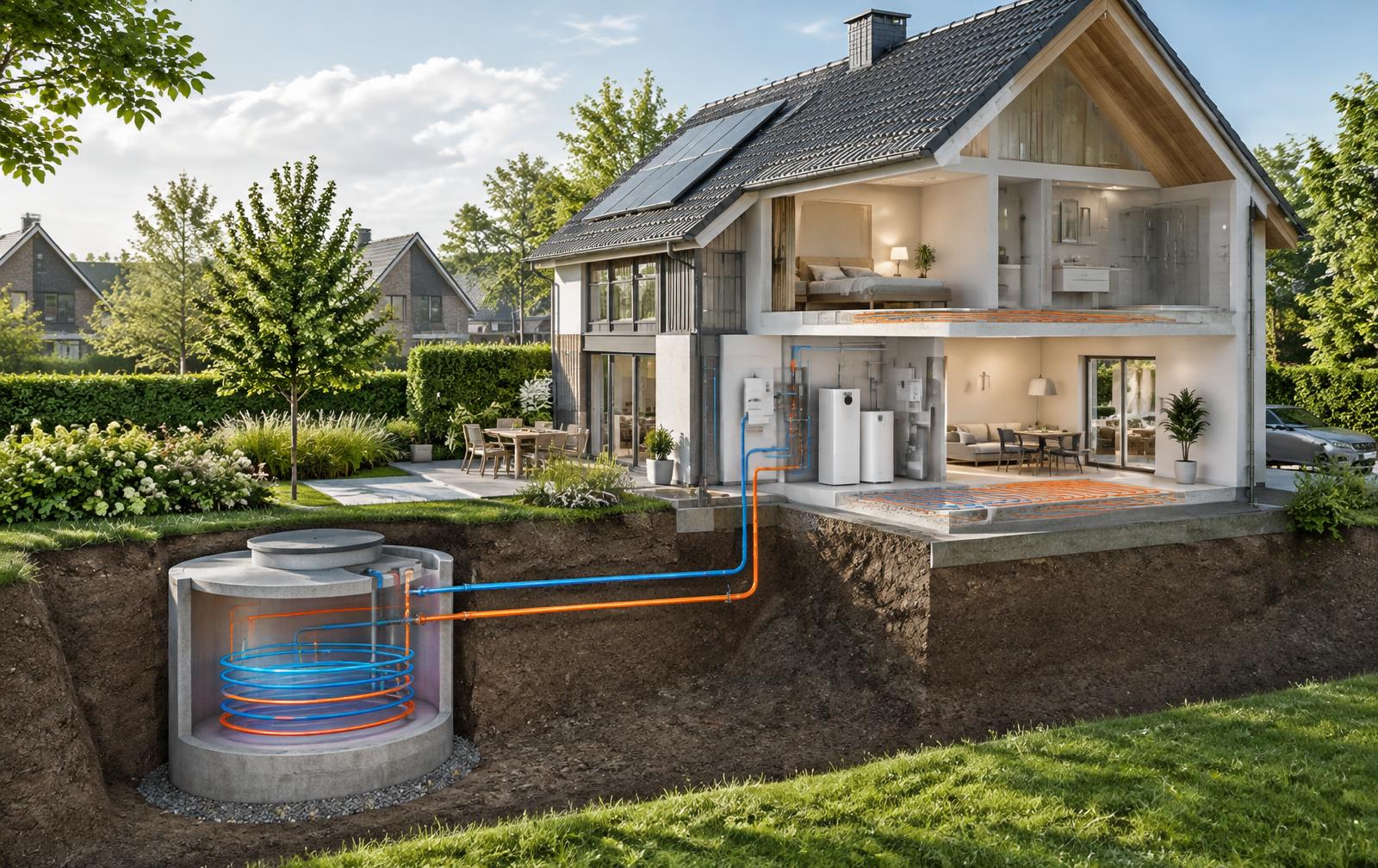 Doorsnede van een woning met een ondergrondse ijsbuffer